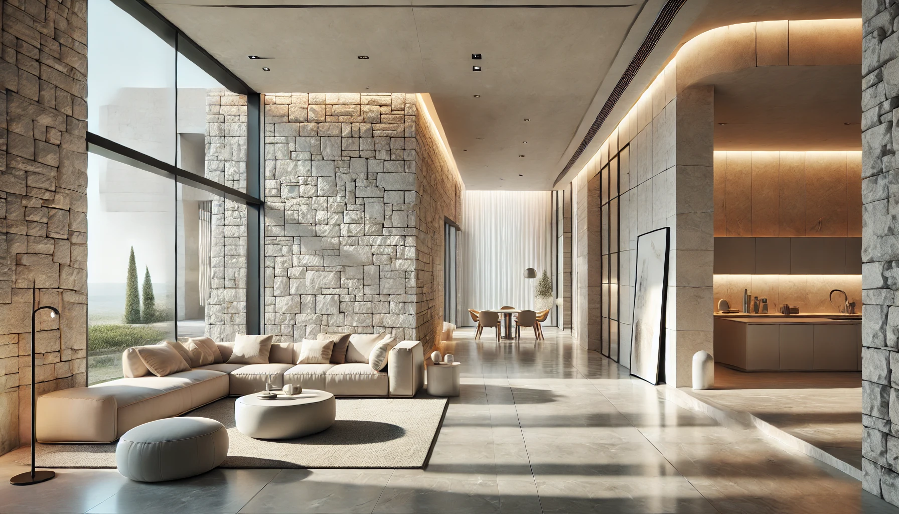 A representation of a modern stone house interior.