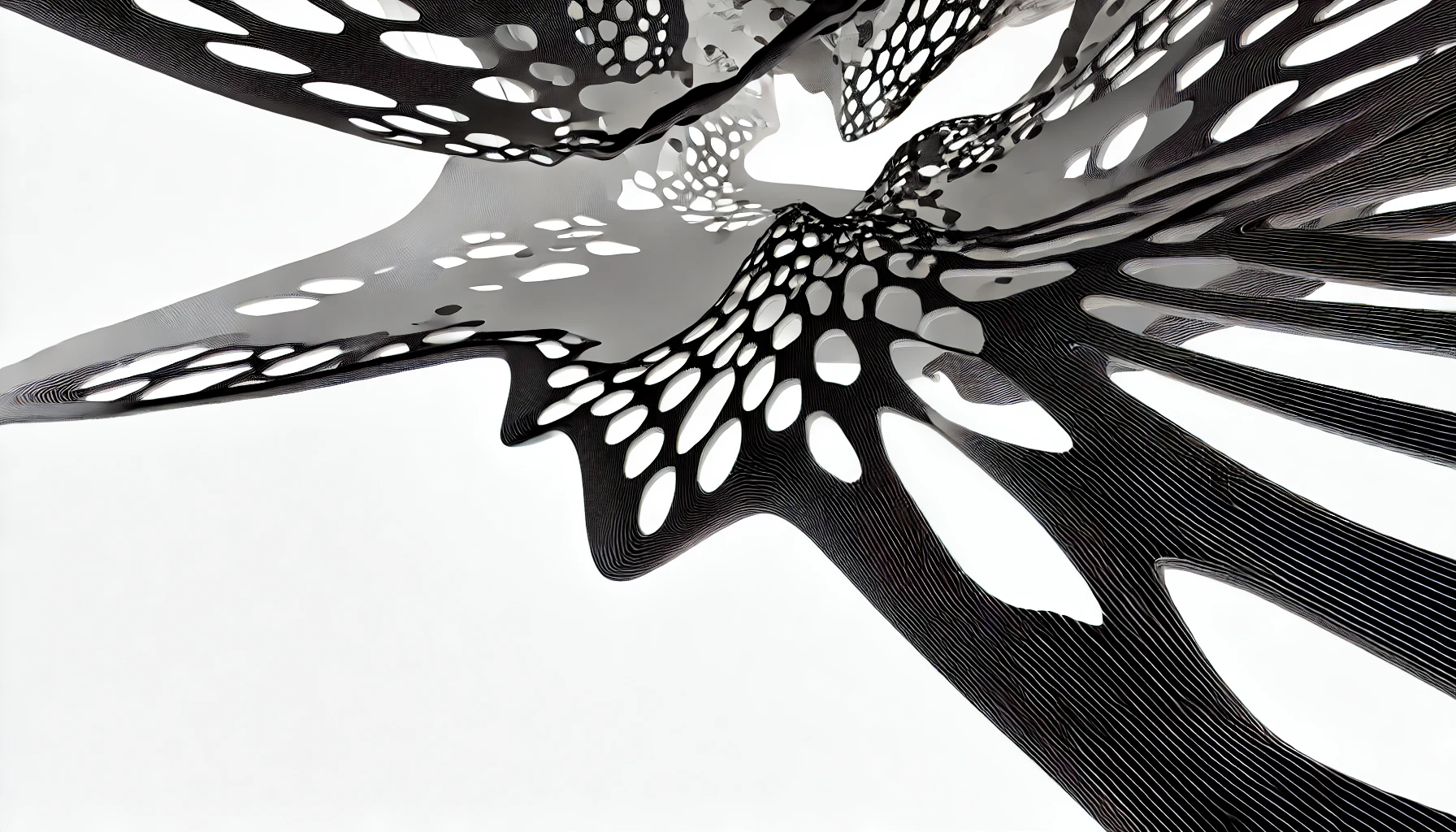 Representation of organic parametric architecture. Focus on flowing, dynamic forms with intricate geometries.