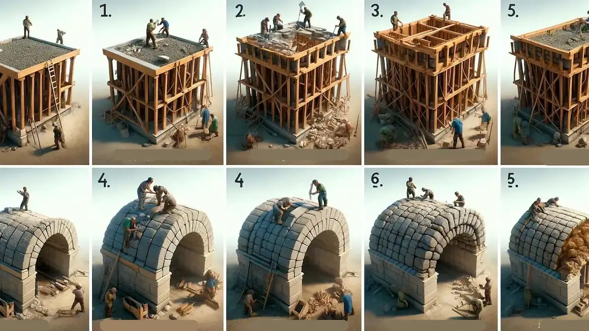 A detailed illustration showcasing the timeline of Roman Groin Vault Construction.