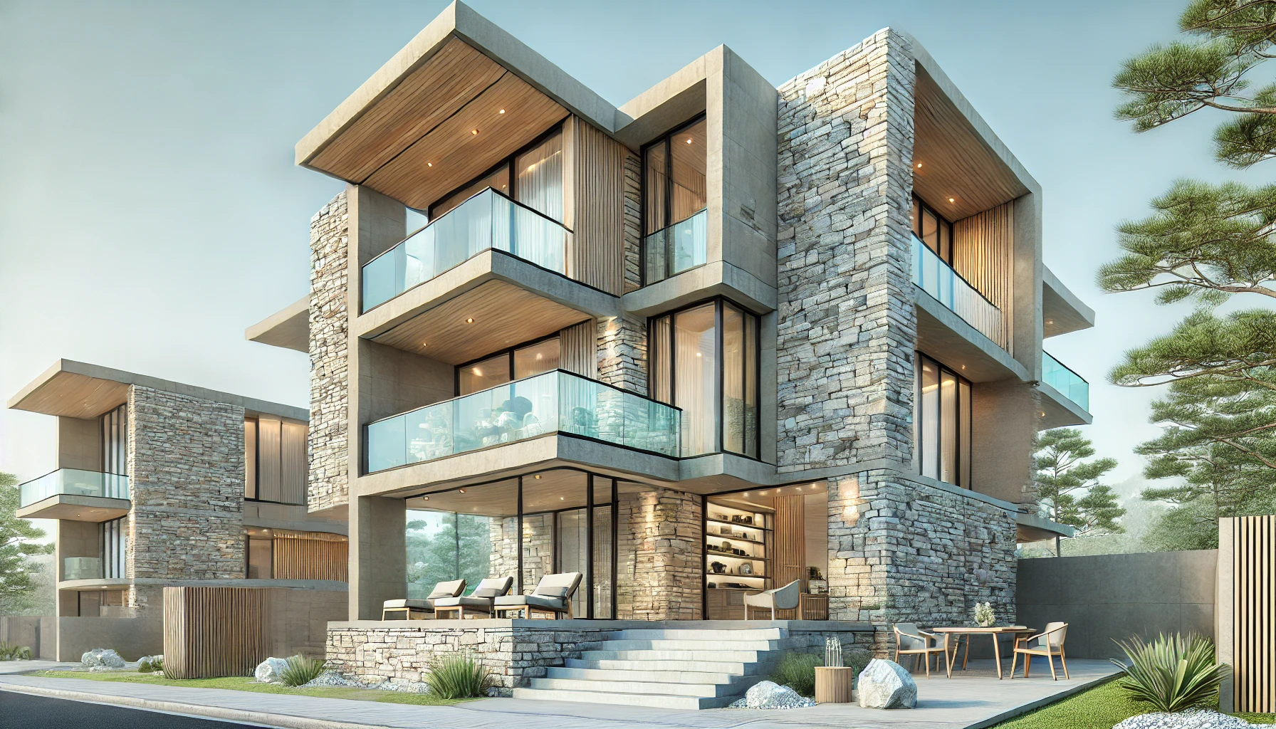 A contemporary stone house, blending traditional stone materials with modern design elements.