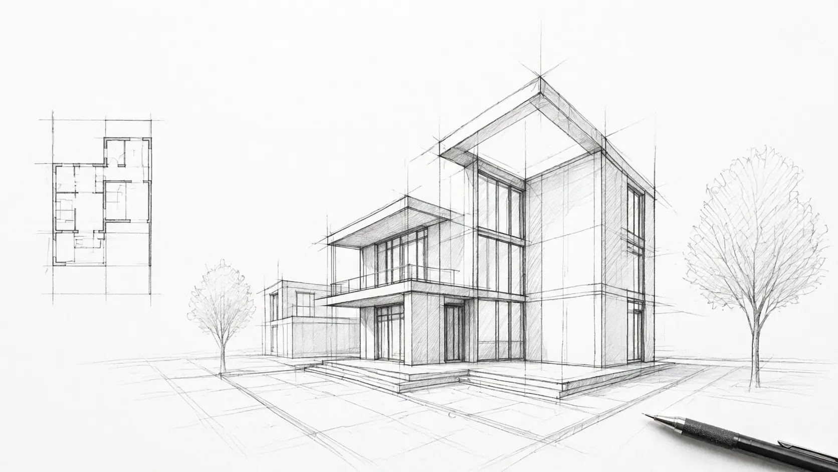 Sketch-style representing basic techniques and principles of architectural drawing. 