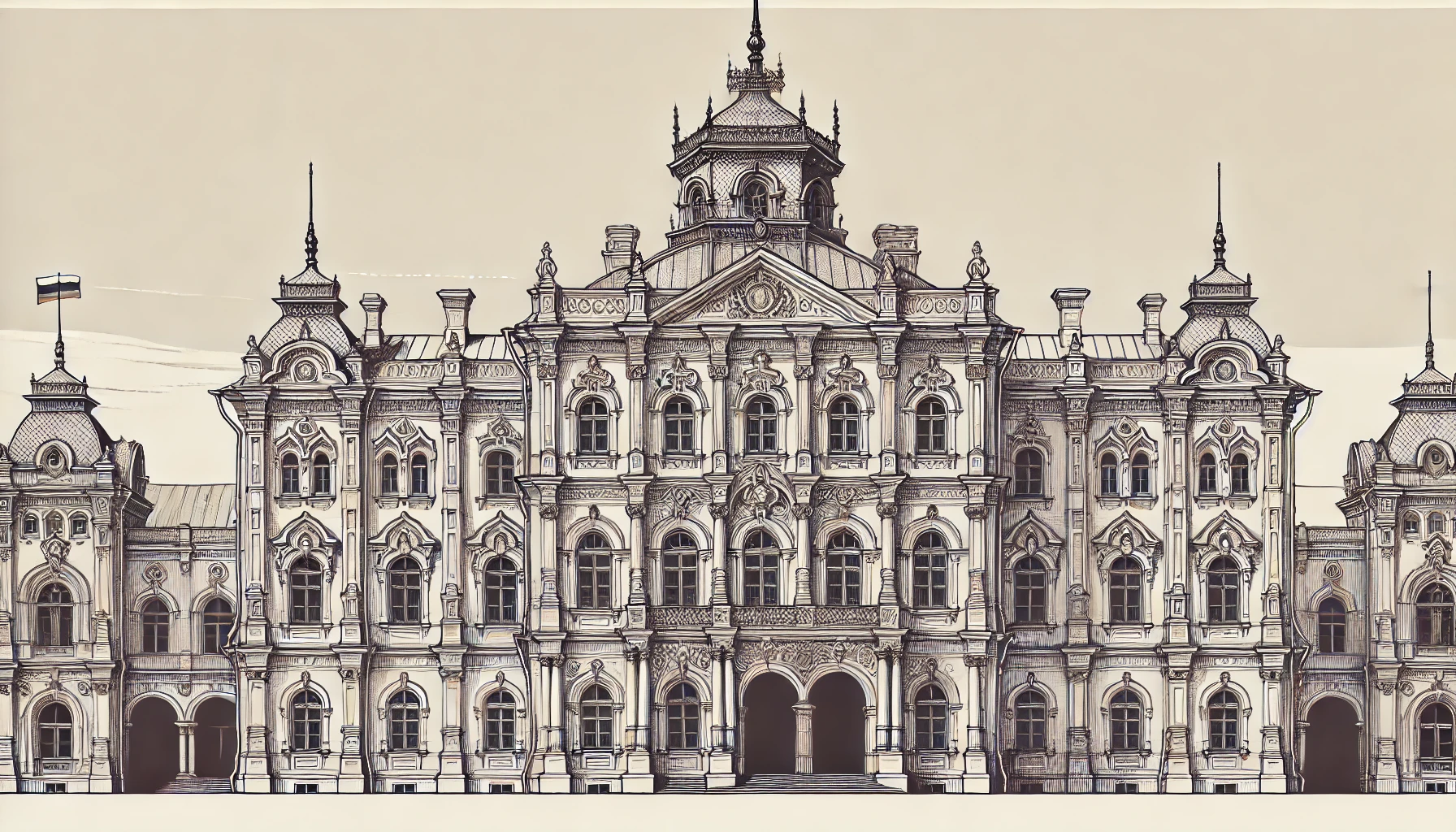  a Russian palace includes classic architectural elements like grand arches and intricate facades