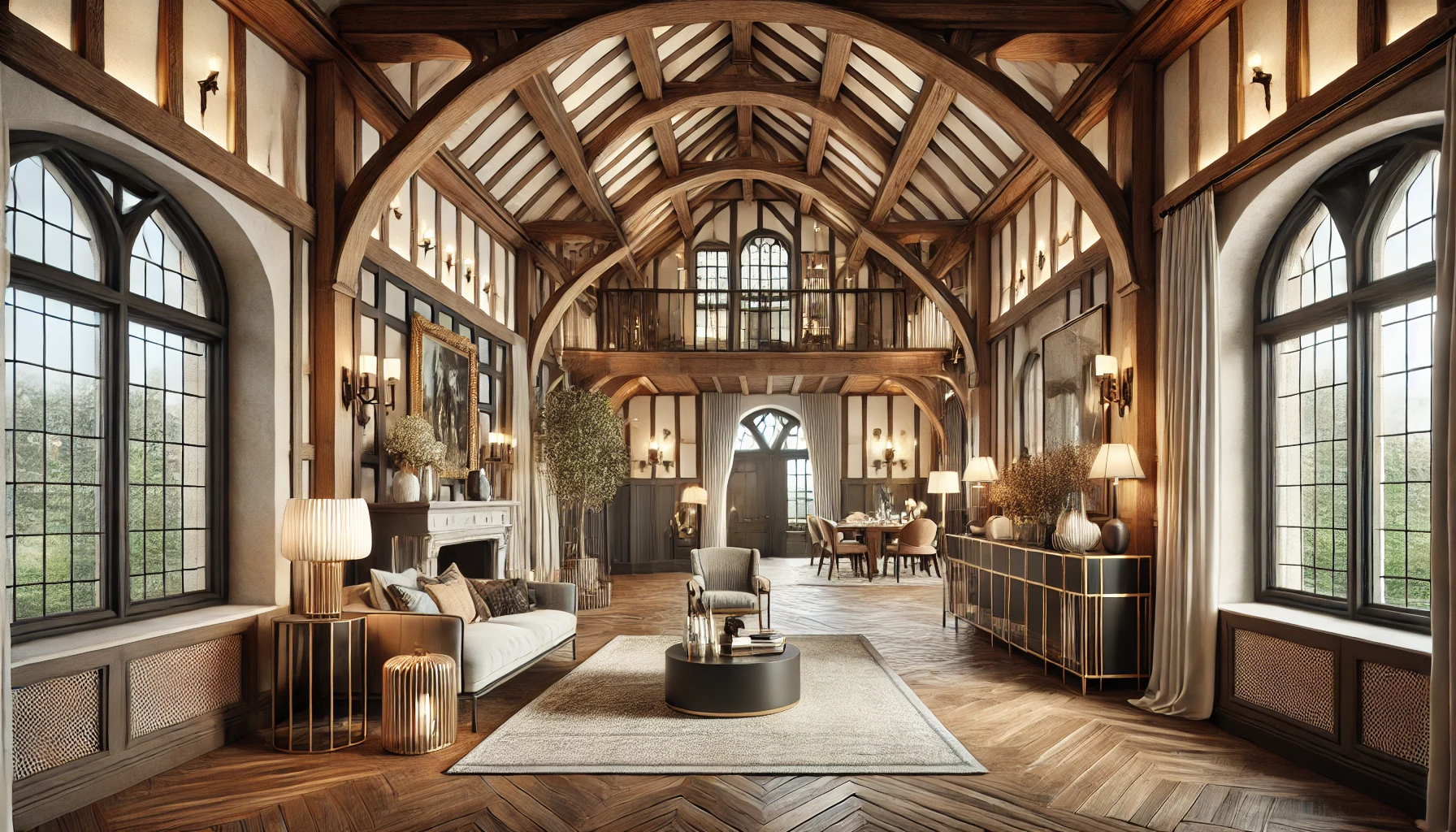  interior of a modern Tudor-style home combines classic Tudor elements like exposed wooden beams and arched doorways