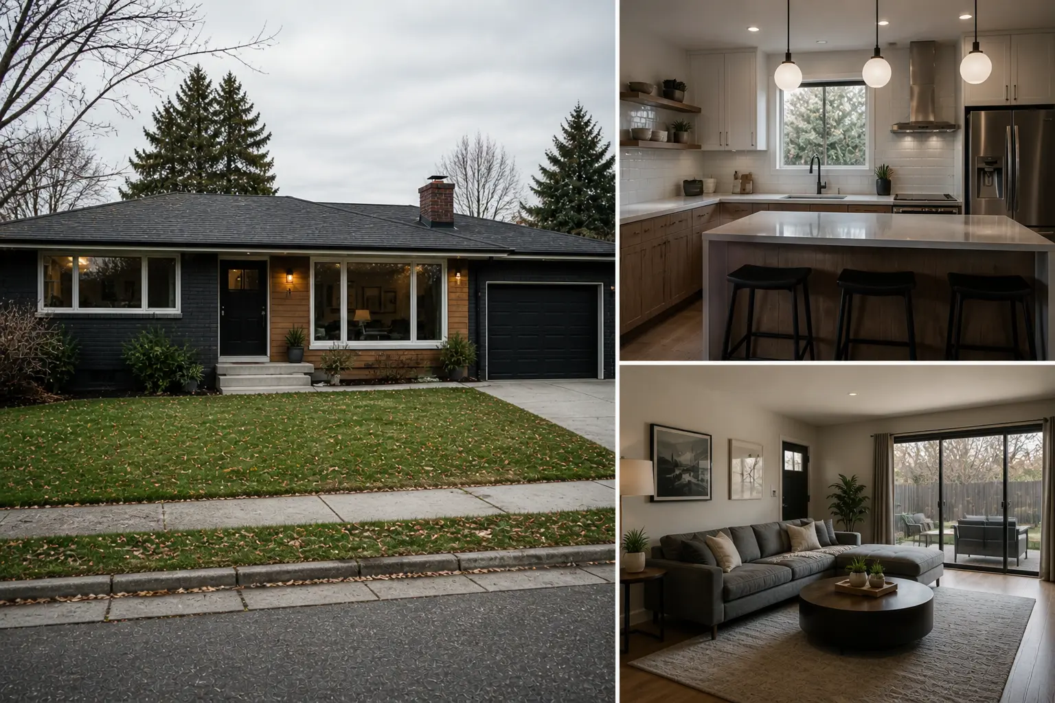 Modern ranch house renovation with exterior, kitchen, and living room views in a 3-panel layout.