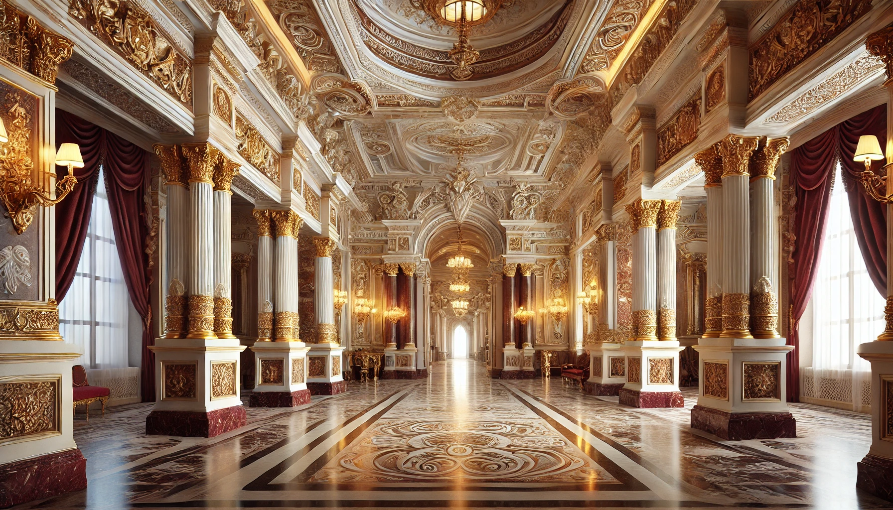  interior of a grand Russian palace, featuring luxurious architectural details such as ntricate moldings and grand columns