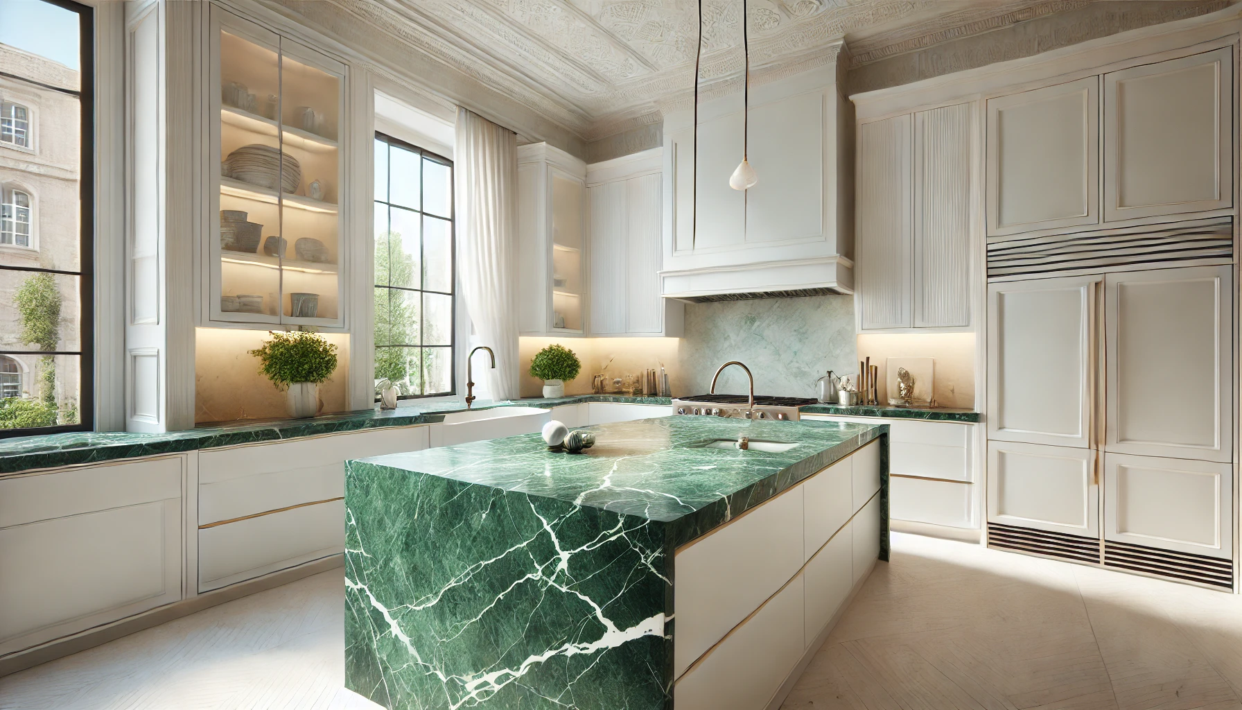 An exmaple of High-end modern kitchen featuring bold green marble benchtops.