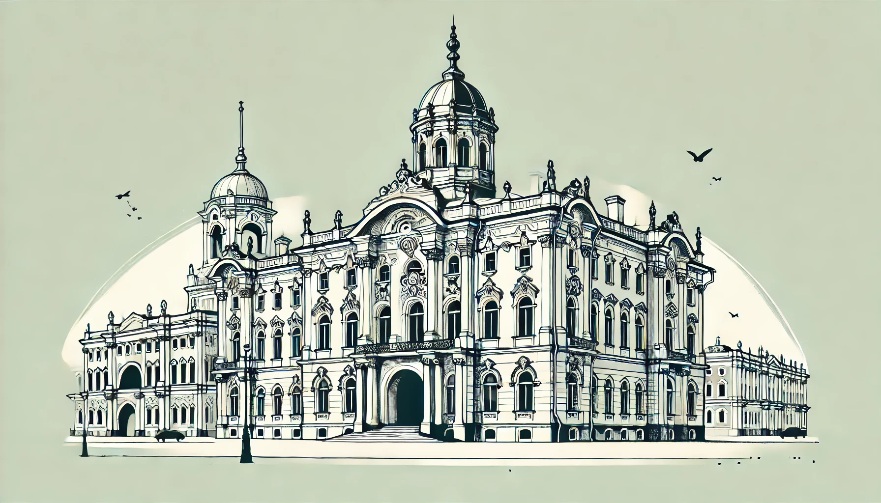 a Russian palace, focusing on grand arches and intricate facades to capture the elegance of Russian palatial architecture