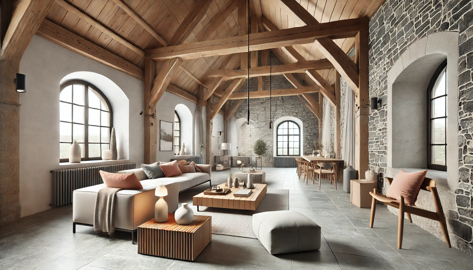  Key Elements of Medieval Interior Design in Modern Homes  . A modern interior design inspired by medieval architecture, blending traditional elements like exposed timber beams, an stone walls.