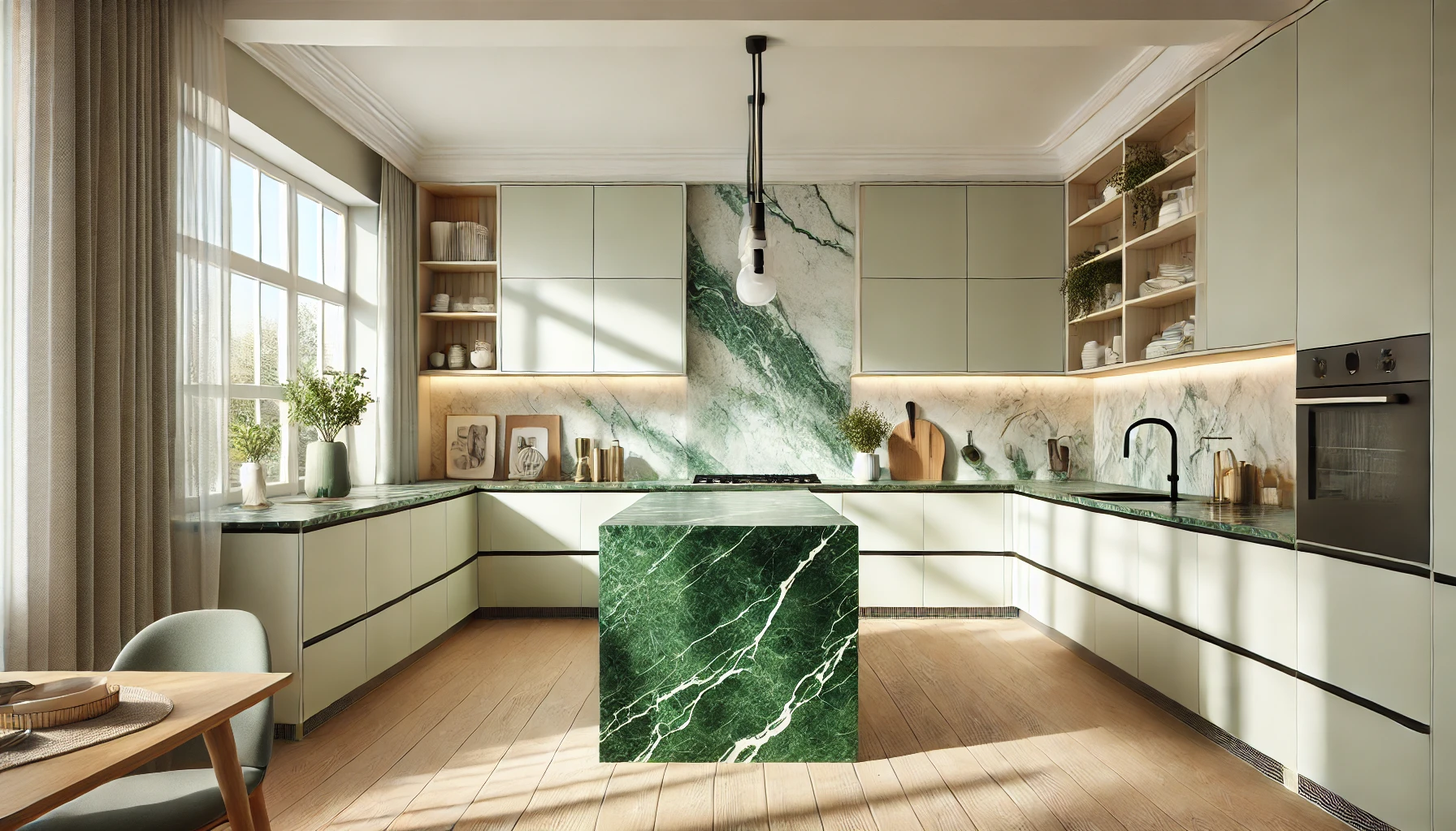 An example of modern kitchen with bold green marble benchtops