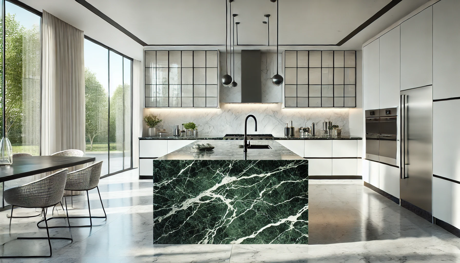 A modern kitchen featuring a central island with Verde Alpi marble benchtops.