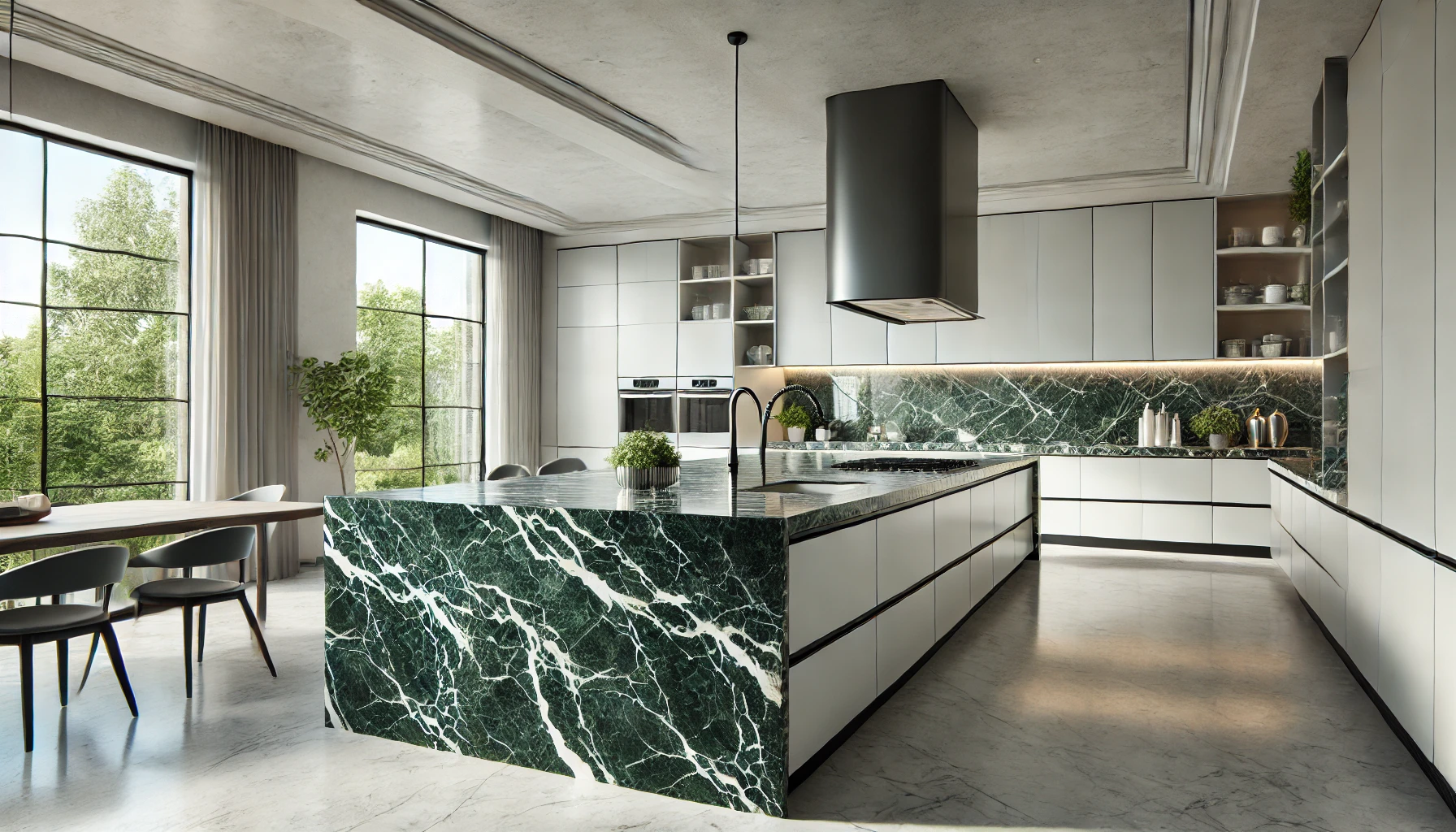 A luxurious modern kitchen with a central island featuring Verde Alpi marble benchtops.