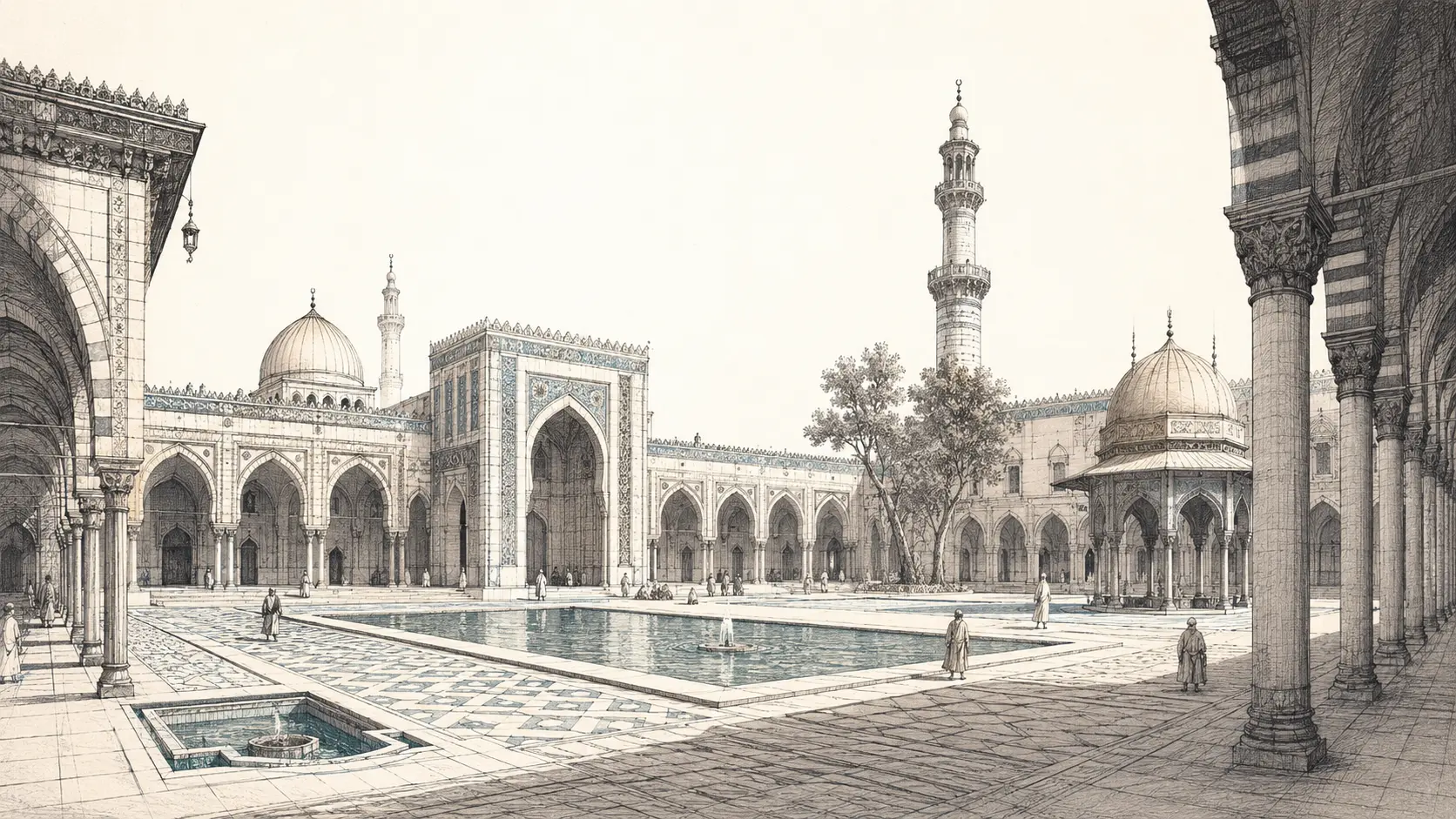 Editorial architectural sketch of an Islamic medieval courtyard with arcades, arches, water basins, domes, minarets, shaded edges, and geometric paving.