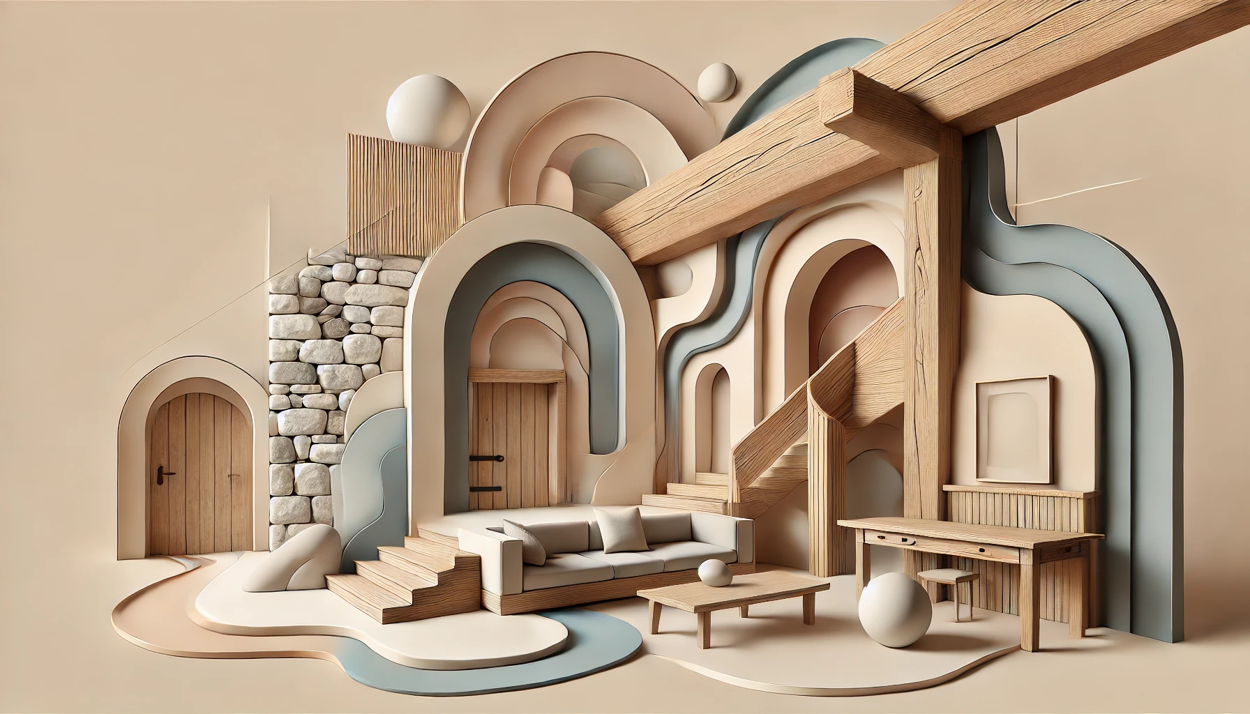 Medieval interior design, focusing on elements such as exposed timber beams, stone walls, and rustic furniture.