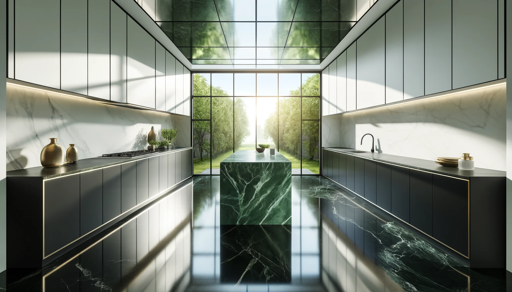 A modern, minimalist kitchen design featuring green marble island benchtop.