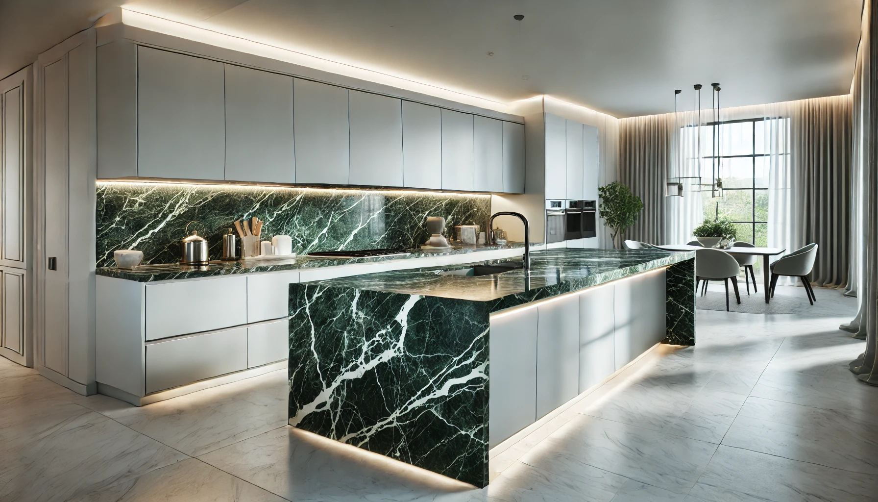 A modern kitchen featuring Verde Alpi marble countertops. 