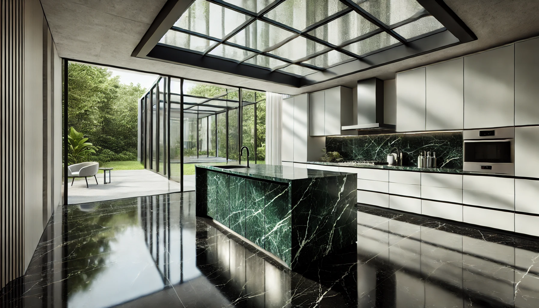 A modern, professional, and minimalist kitchen design with a reflective glass ceiling, black marble flooring, and a green marble island benchtop.