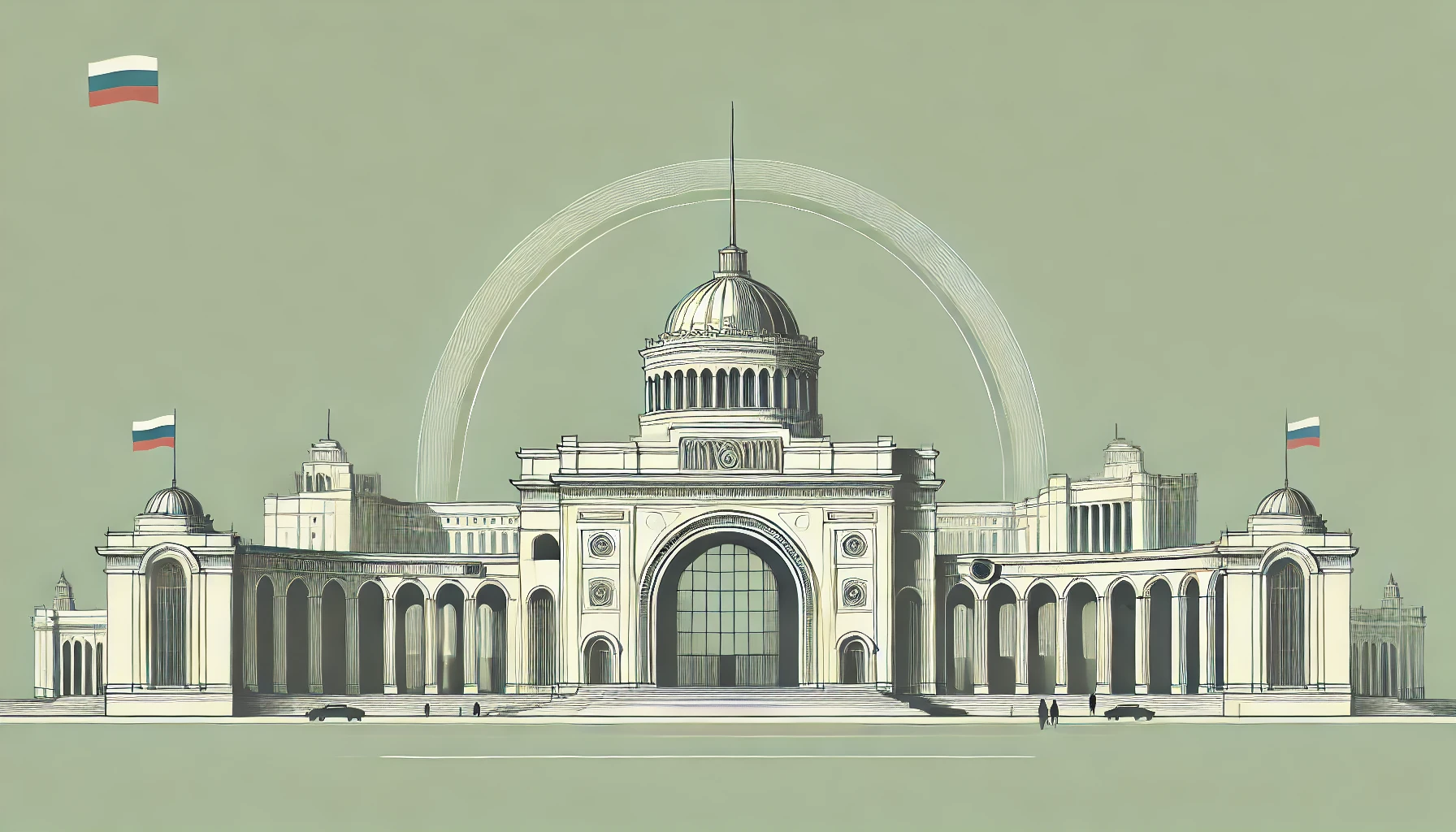  sketch of Russian architecture like grand arches, structured facades