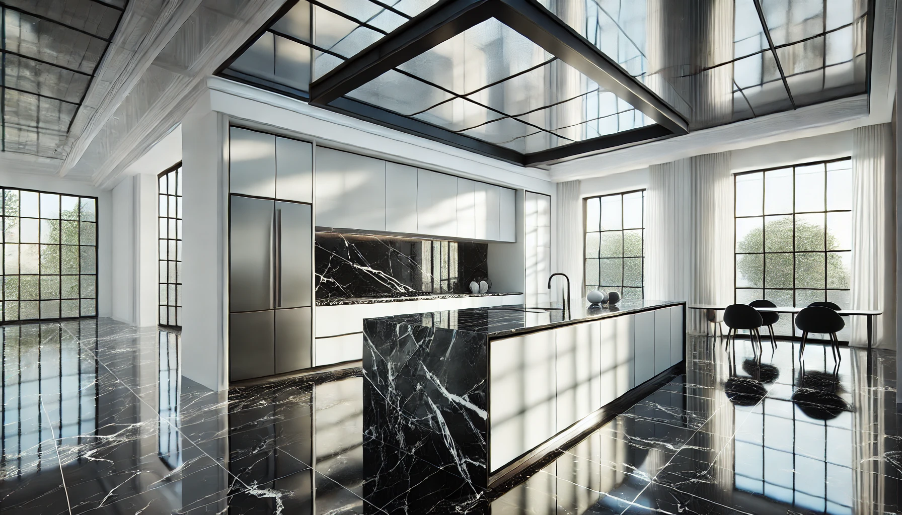 Black marble with shiny benchtops.