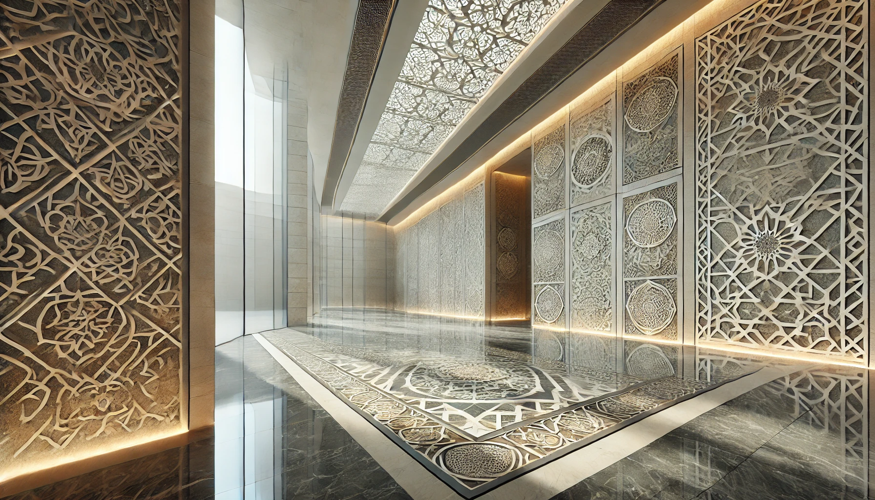Stone inlay work in a modern cultural center. 