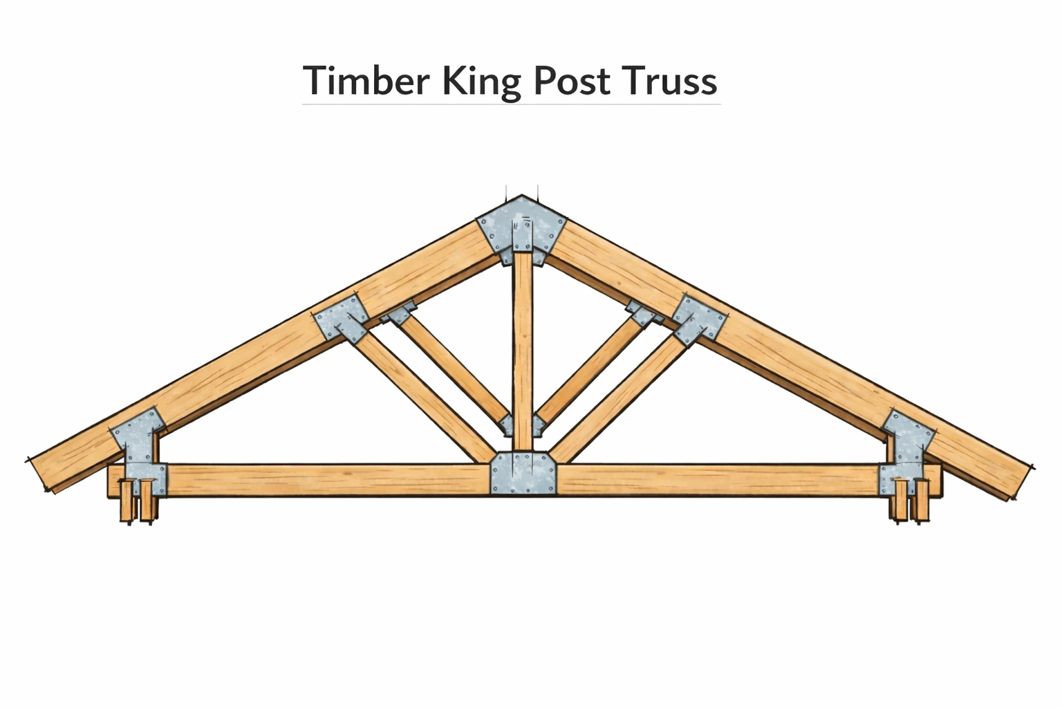 Best fit for pages explaining a timber king-post truss with steel plate connectors as a basic roof-truss type or as a timber truss detail.