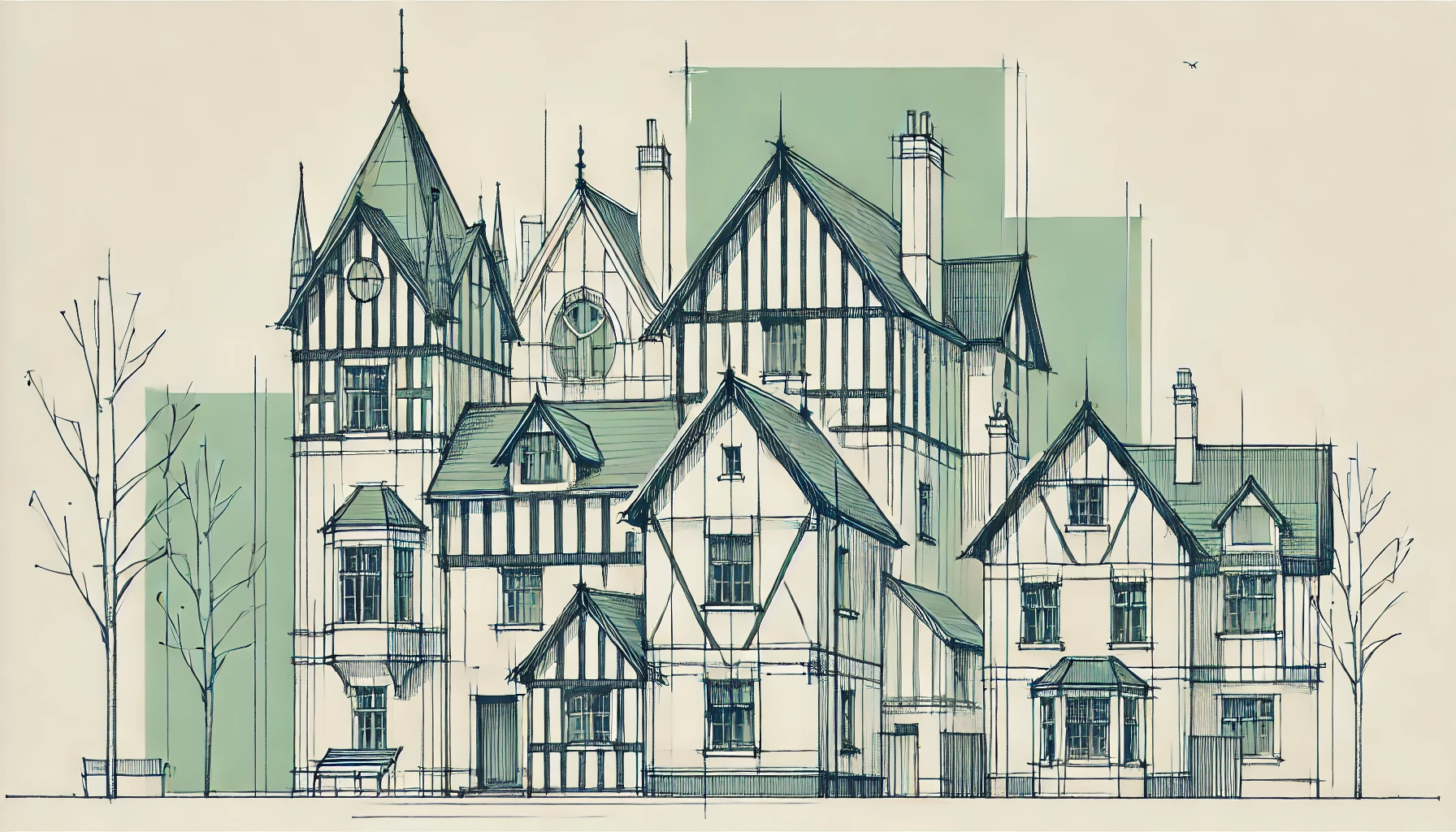 Tudor-style architecture includes elements such as steeply pitched roofs and half-timbered facades