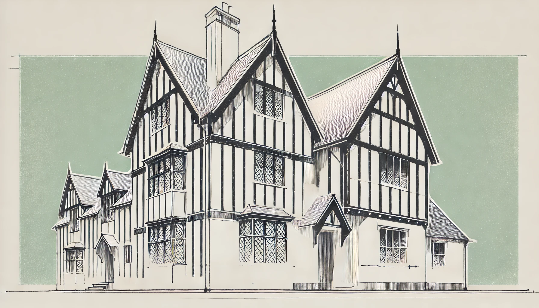 Tudor architecture, with simplified steep roofs, half-timbered facades, and arched elements in a minimalist style.