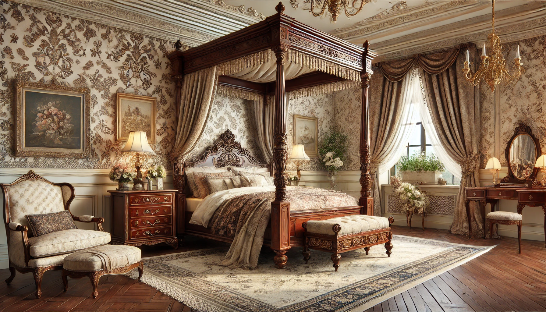 1800s bedroom with four-poster bed floral wallpaper and velvet textiles