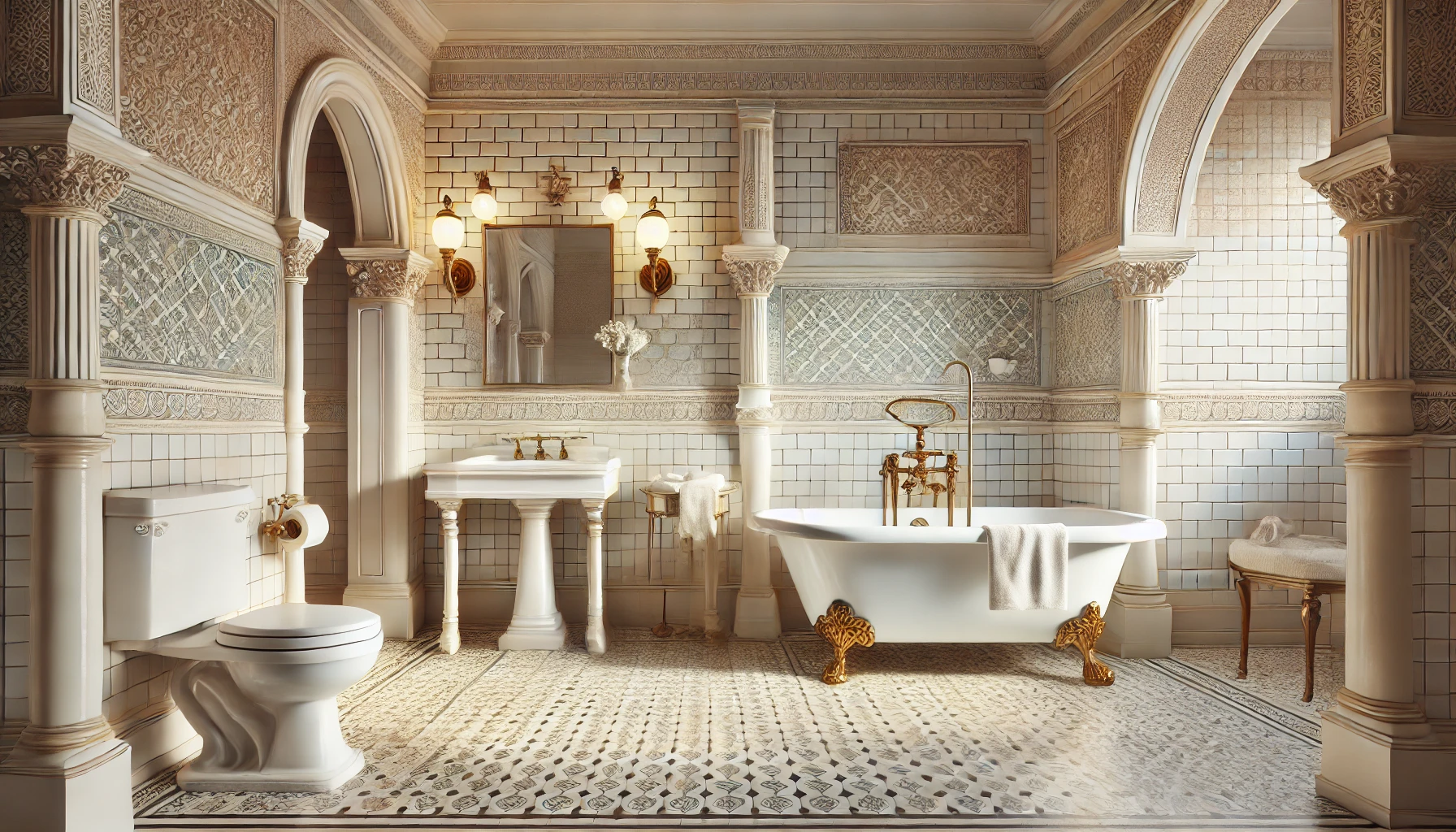 1800s bathroom with freestanding bathtub pedestal sink and subway tiles