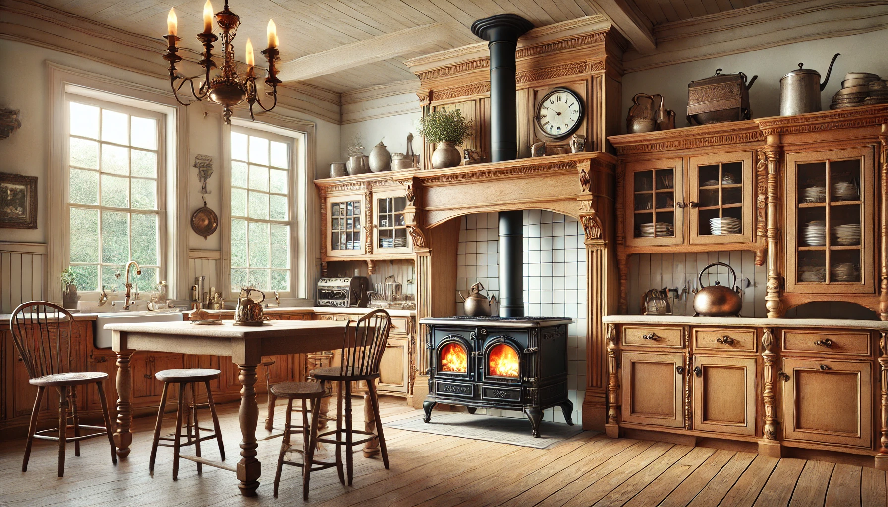 1800s kitchen with wood-burning stove farmhouse sink and oak cabinetry
