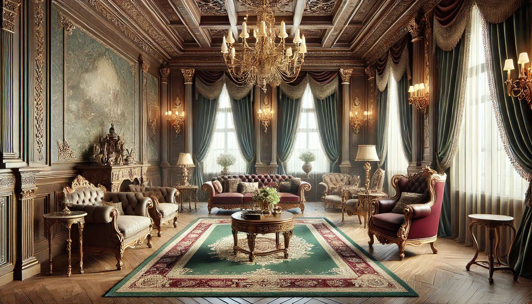 1800s living room with upholstered furniture heavy drapes and ornate rugs