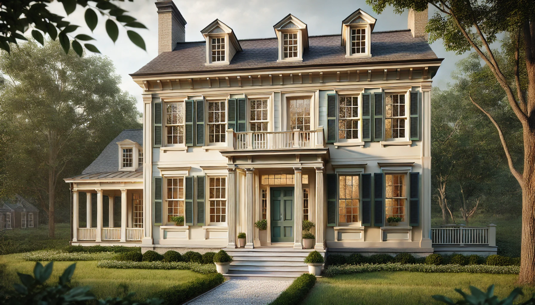 An exterior of an 1810s Federal-style home showcasing its symmetrical design, brick facade, and elegant central doorway.