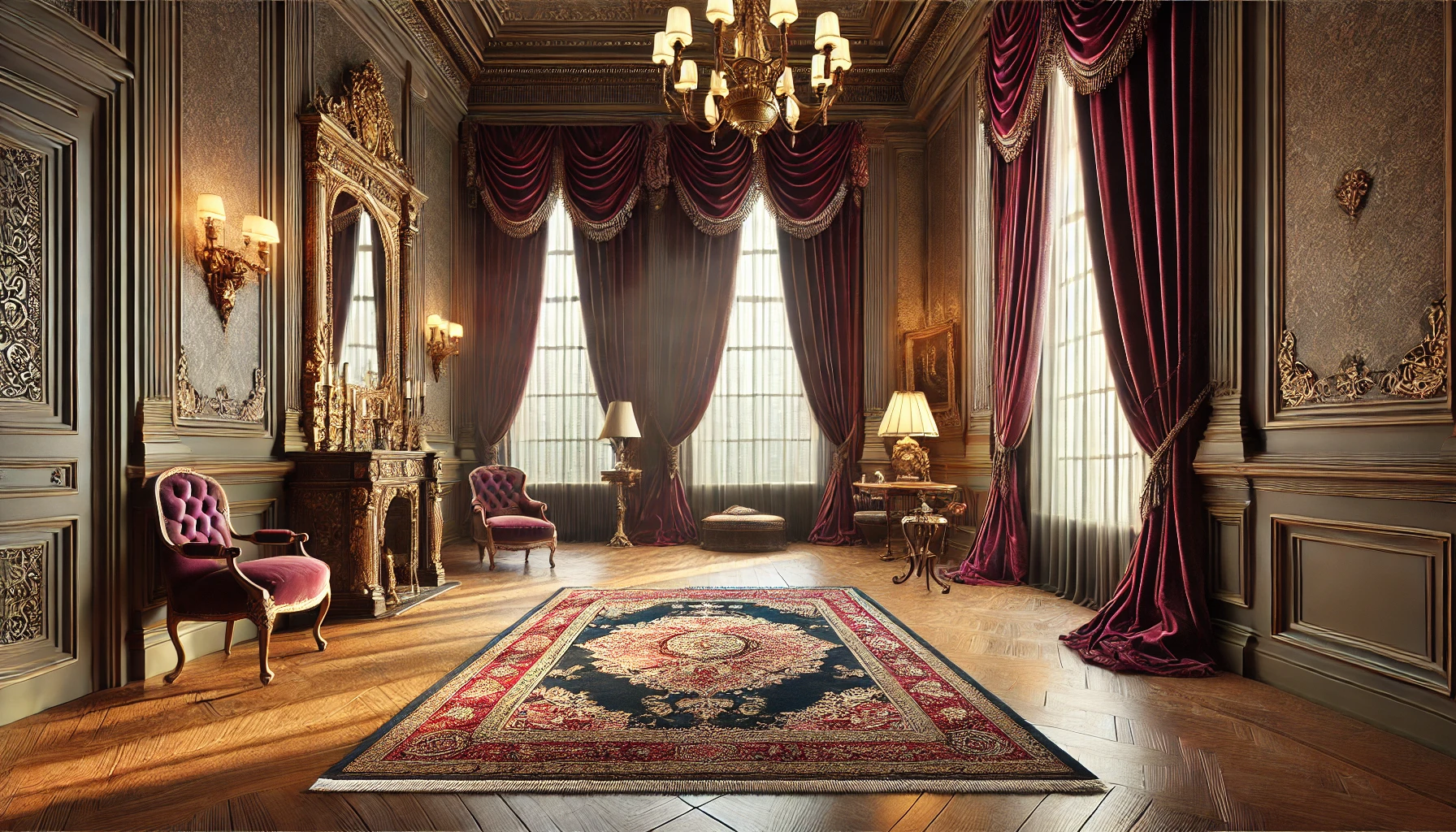 Victorian interior with burgundy velvet drapes, Persian rug, and gilded mirror.