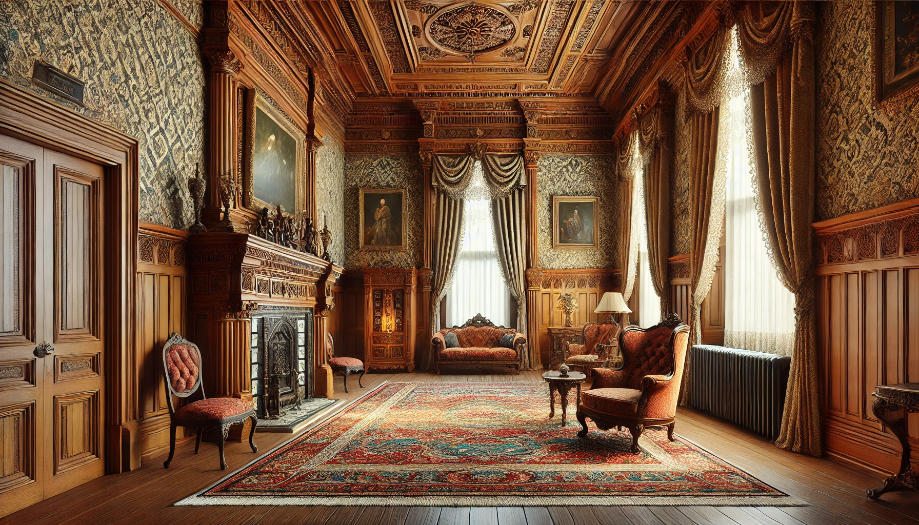 1860s interior featuring Victorian-era design elements and ornate details.