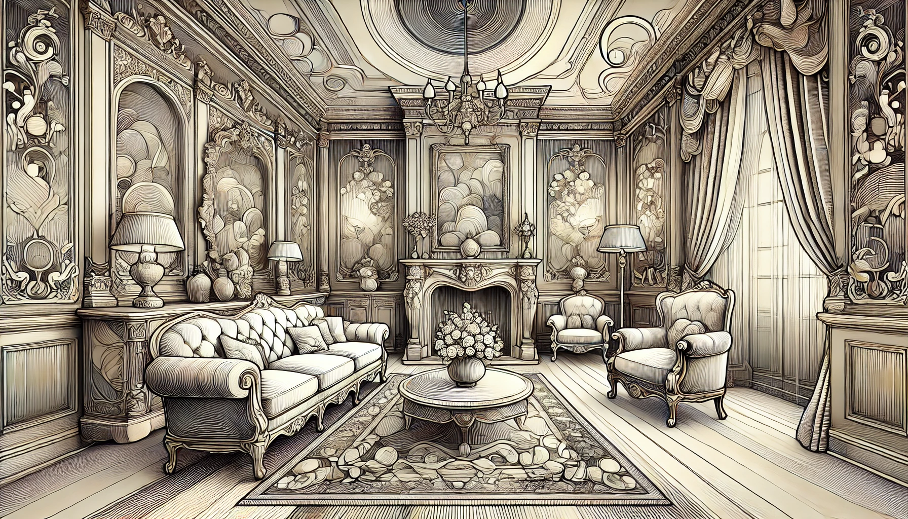 abstract 1800s living room with ornate furniture grand fireplace and velvet seating