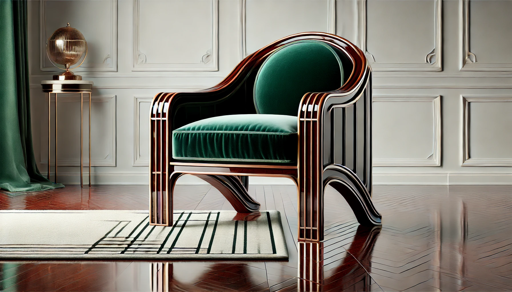 An Art Deco armchair with a lacquered wooden frame and luxurious emerald velvet upholstery.