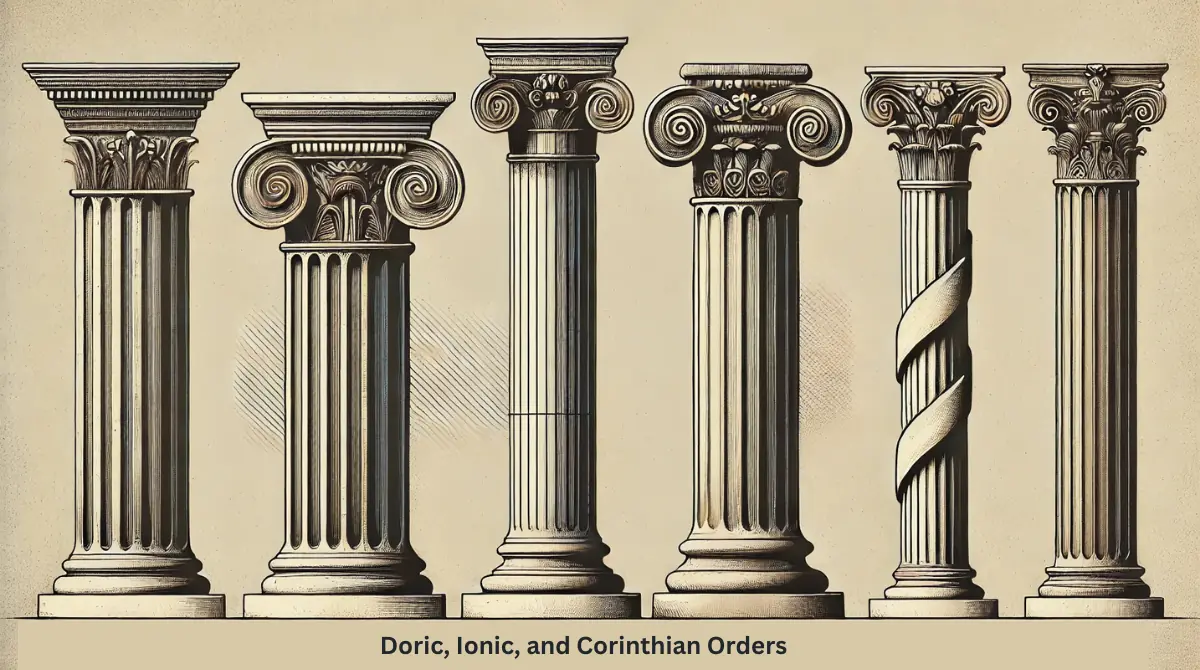 ancient architectural columns, focusing on the three classical orders doric, ionic, and corinthian