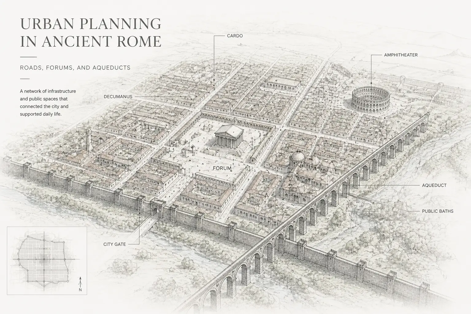 Roman city planning diagram showing roads, forum, aqueduct, city gate, amphitheater, and public baths.