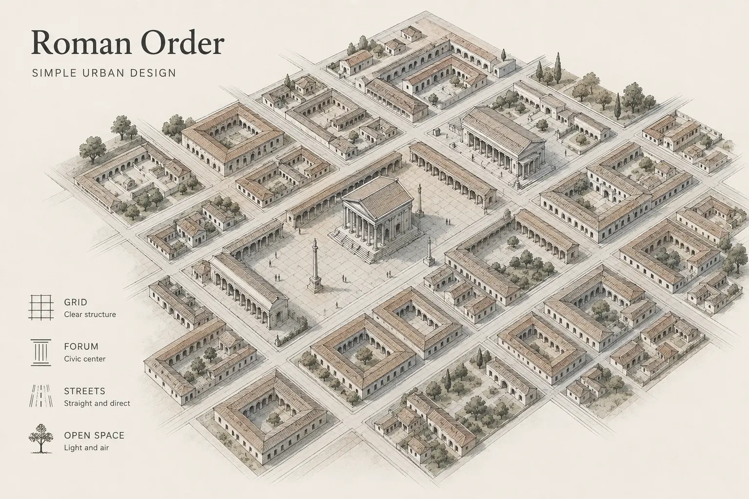 Roman city diagram showing a simple urban grid, forum, straight streets, courtyard blocks, and open space.