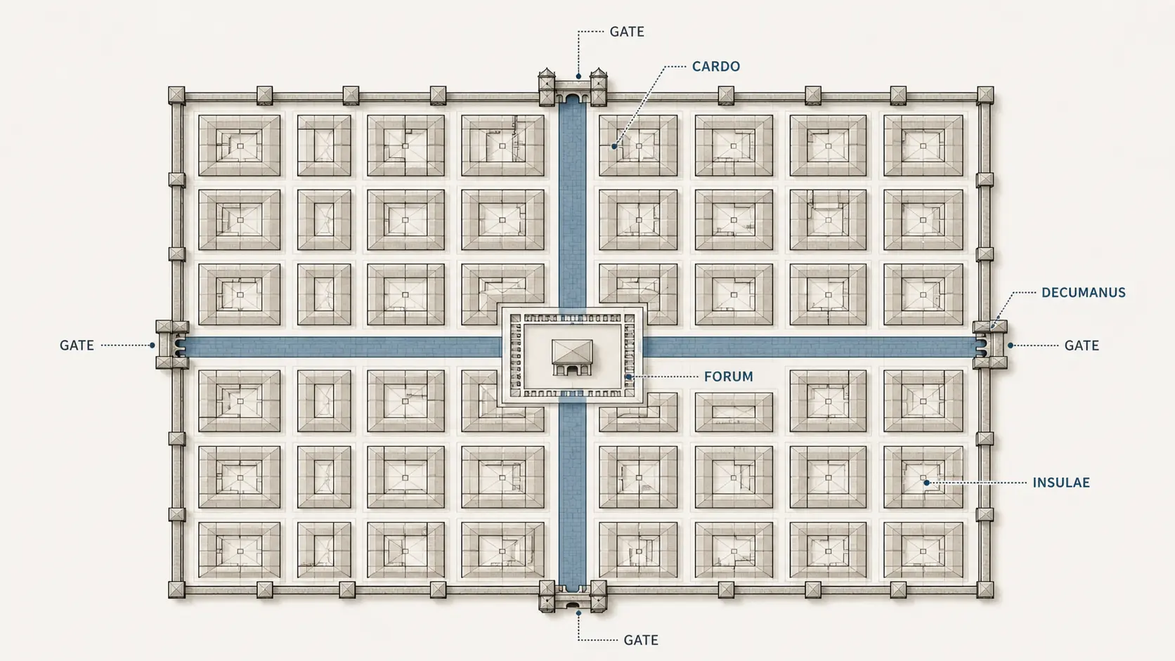 Roman grid layout diagram showing the cardo, decumanus, forum, city gates, and insulae blocks.