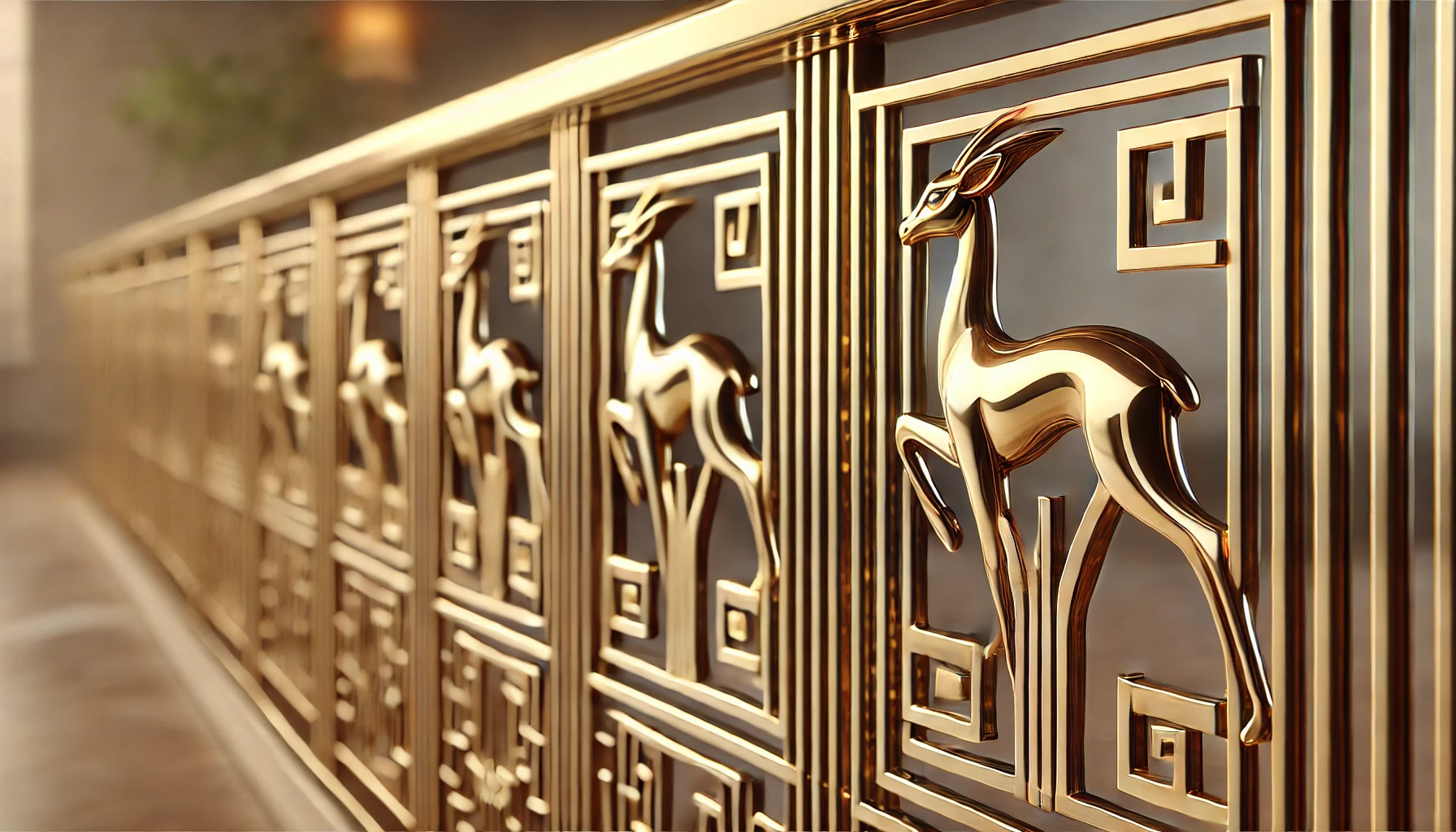 A highly detailed close-up of Art Deco railings features golden gazelle motifs.