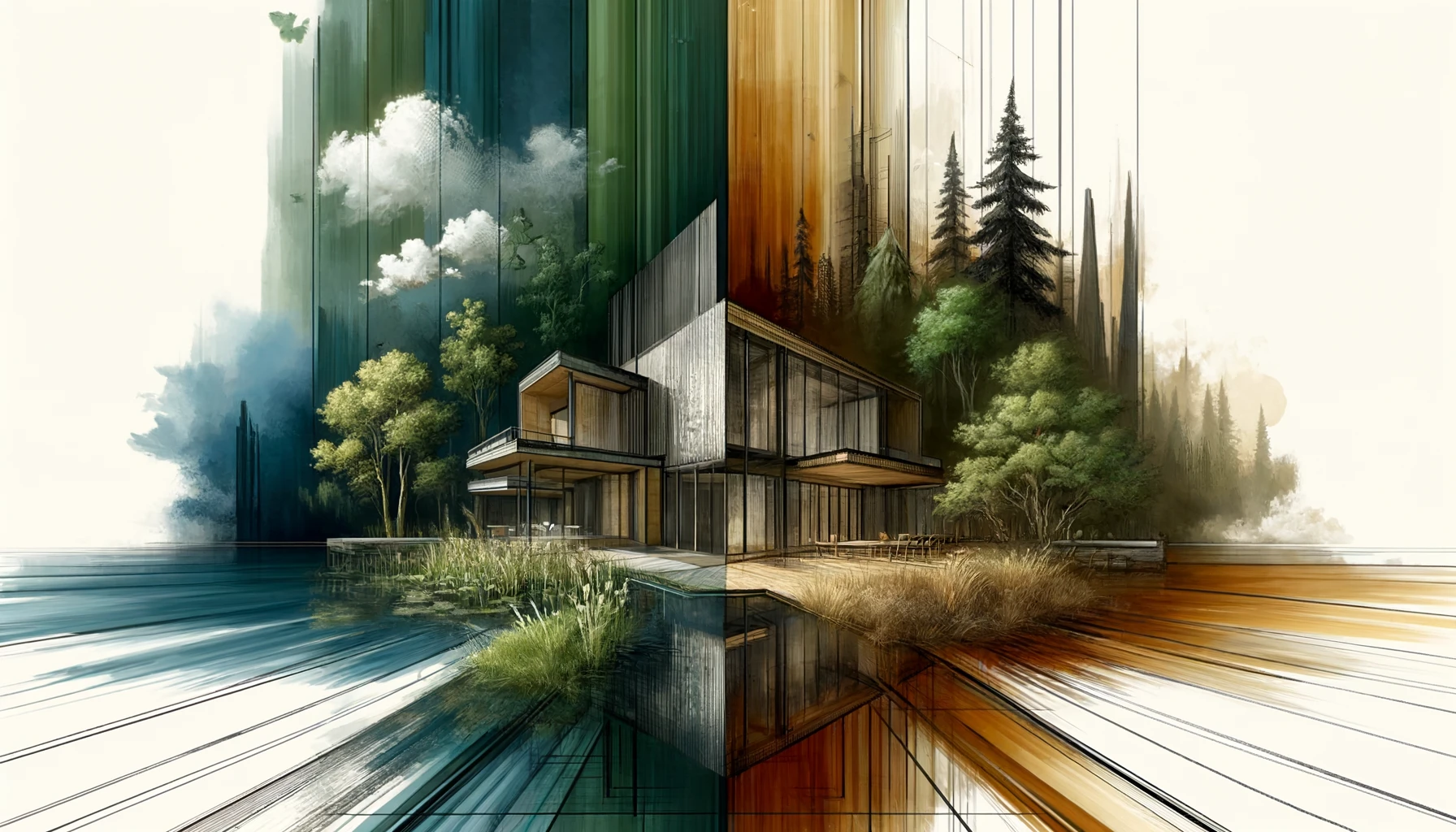 An architectural scene blending natural forest elements with symmetrical structures, showcasing balance in design.