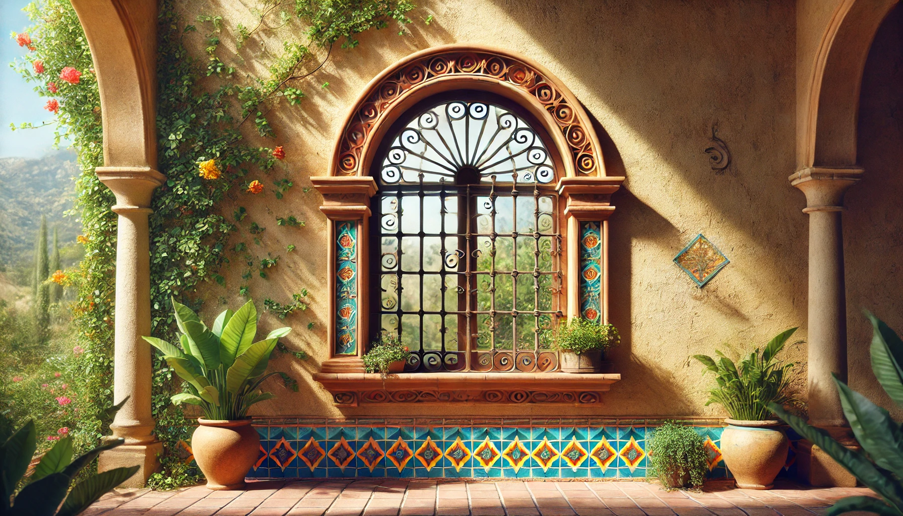 A classic Hacienda-style window, featuring an arched wooden frame with wrought iron details and colorful tiles.