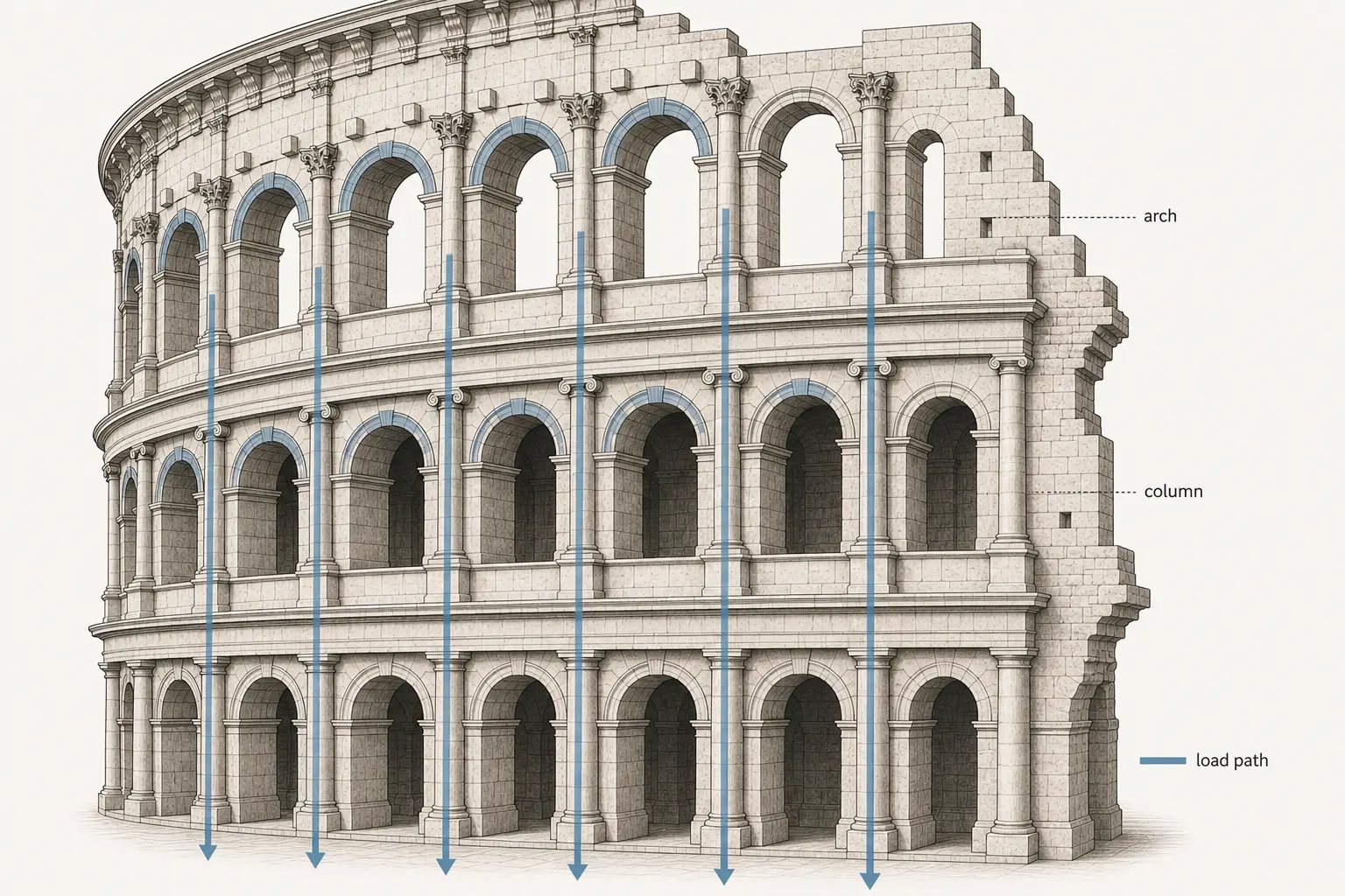 Colosseum façade diagram showing repeated arches, columns, and vertical load paths.