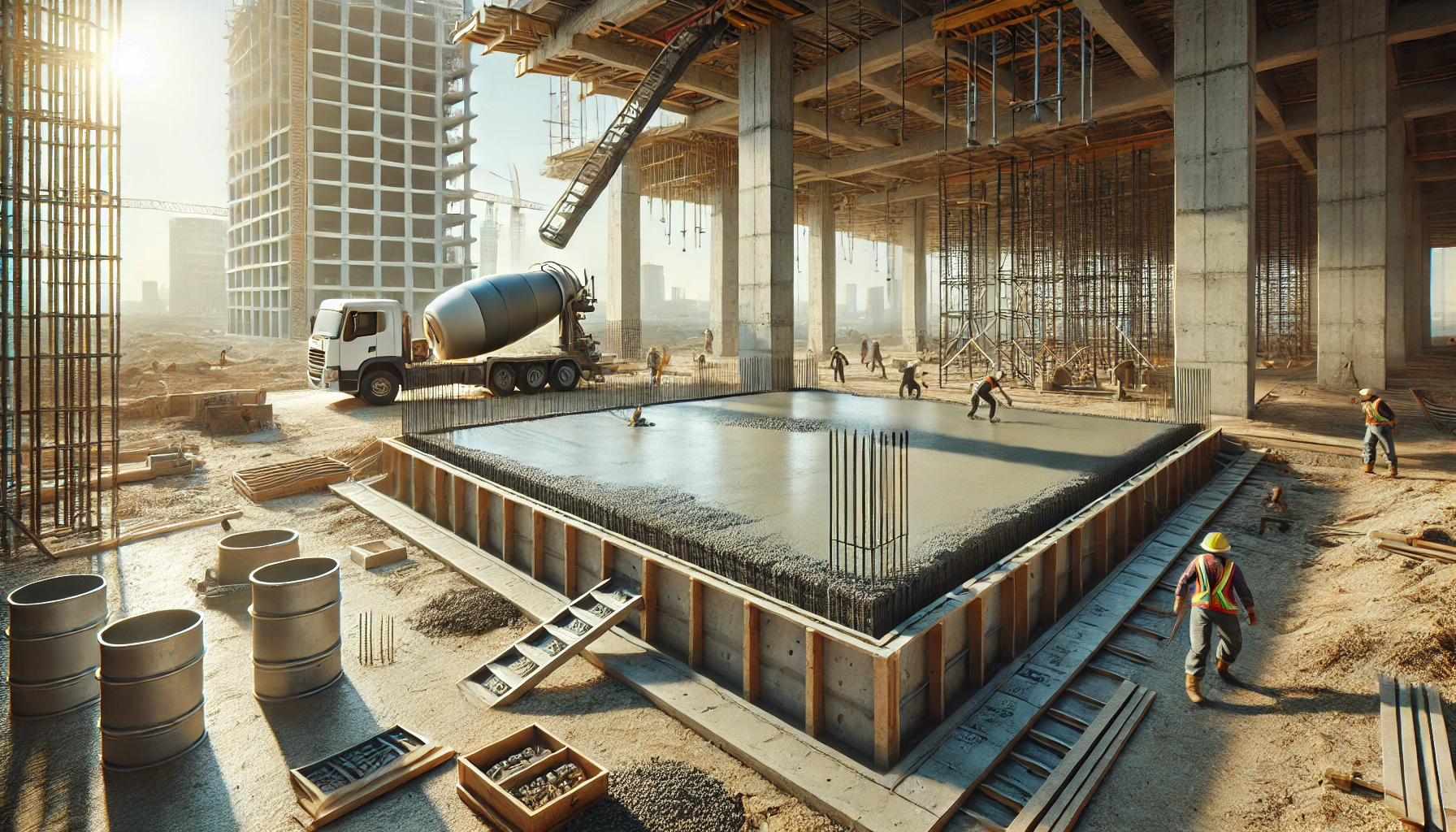 A concrete slab under construction on a real-life construction site. 