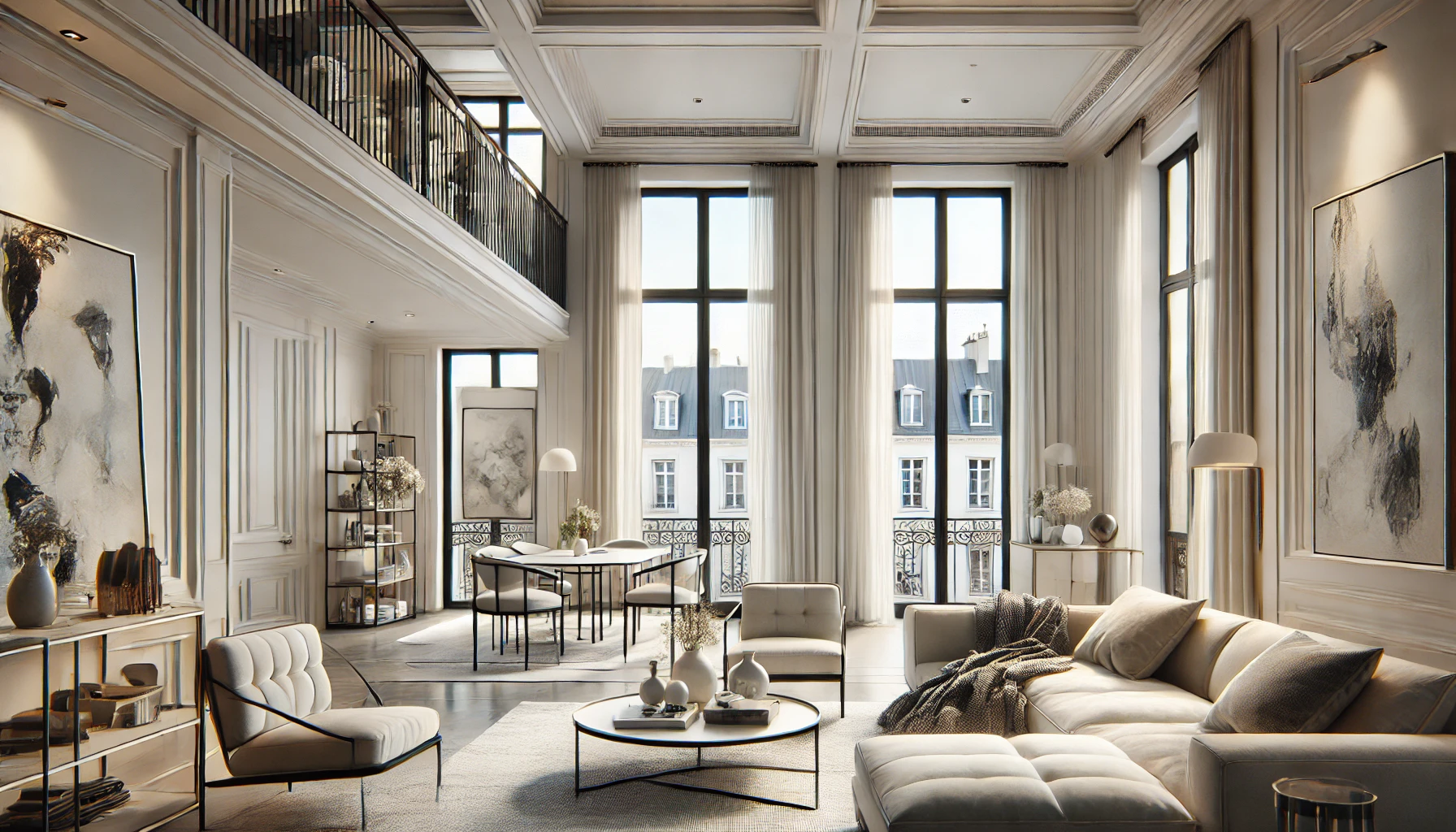 a modern French living space with sleek furniture and large windows