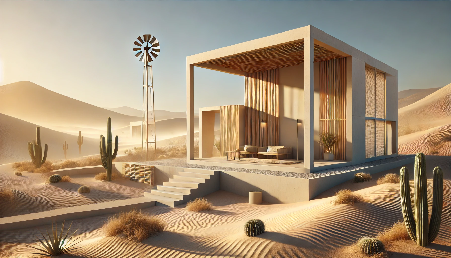 Minimalist architectural design inspired by desert landscapes with clean lines and warm earth tones.