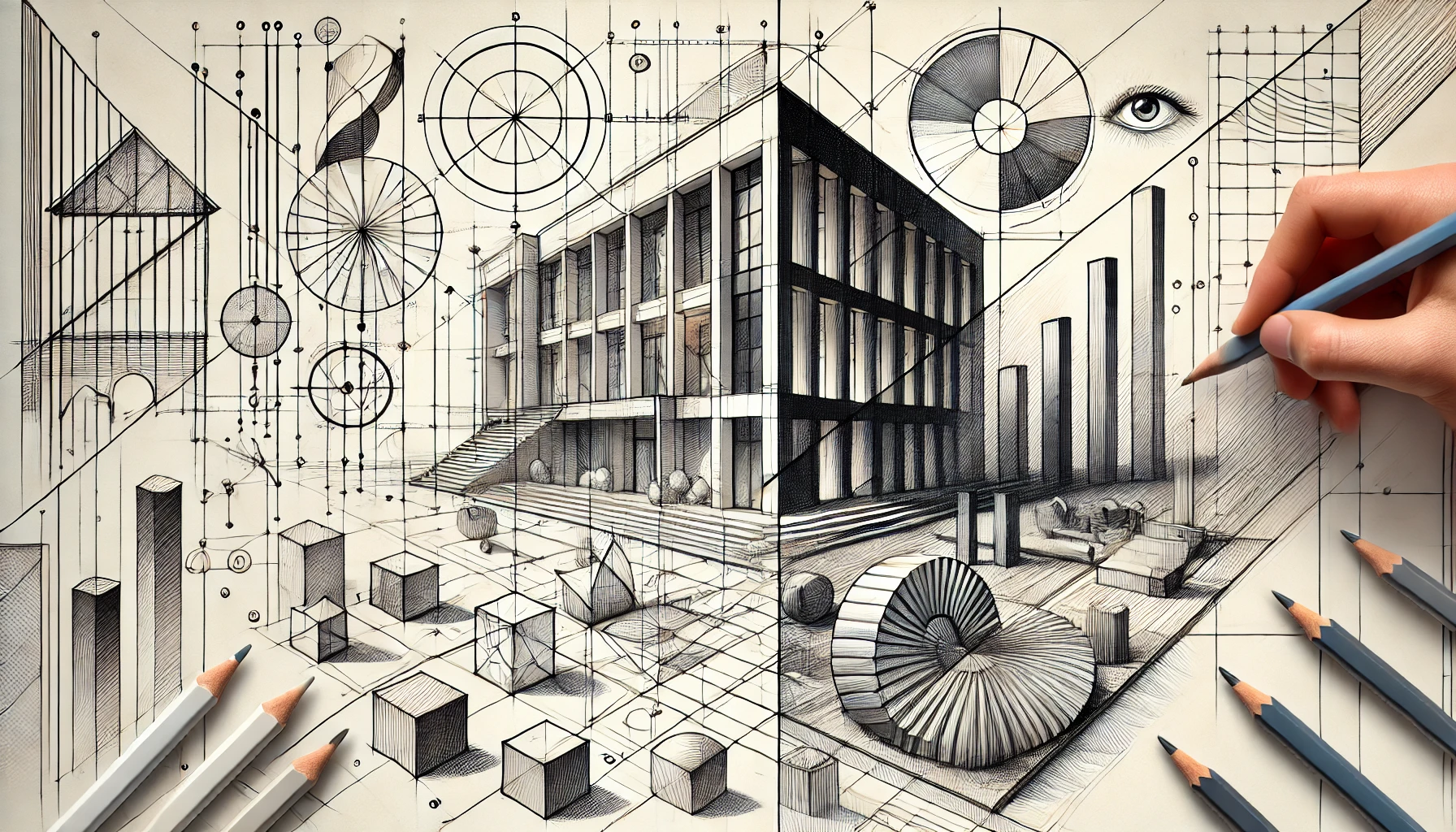 Conceptual sketch representing design elements: lines, shapes, form, and value with harmony and clarity.