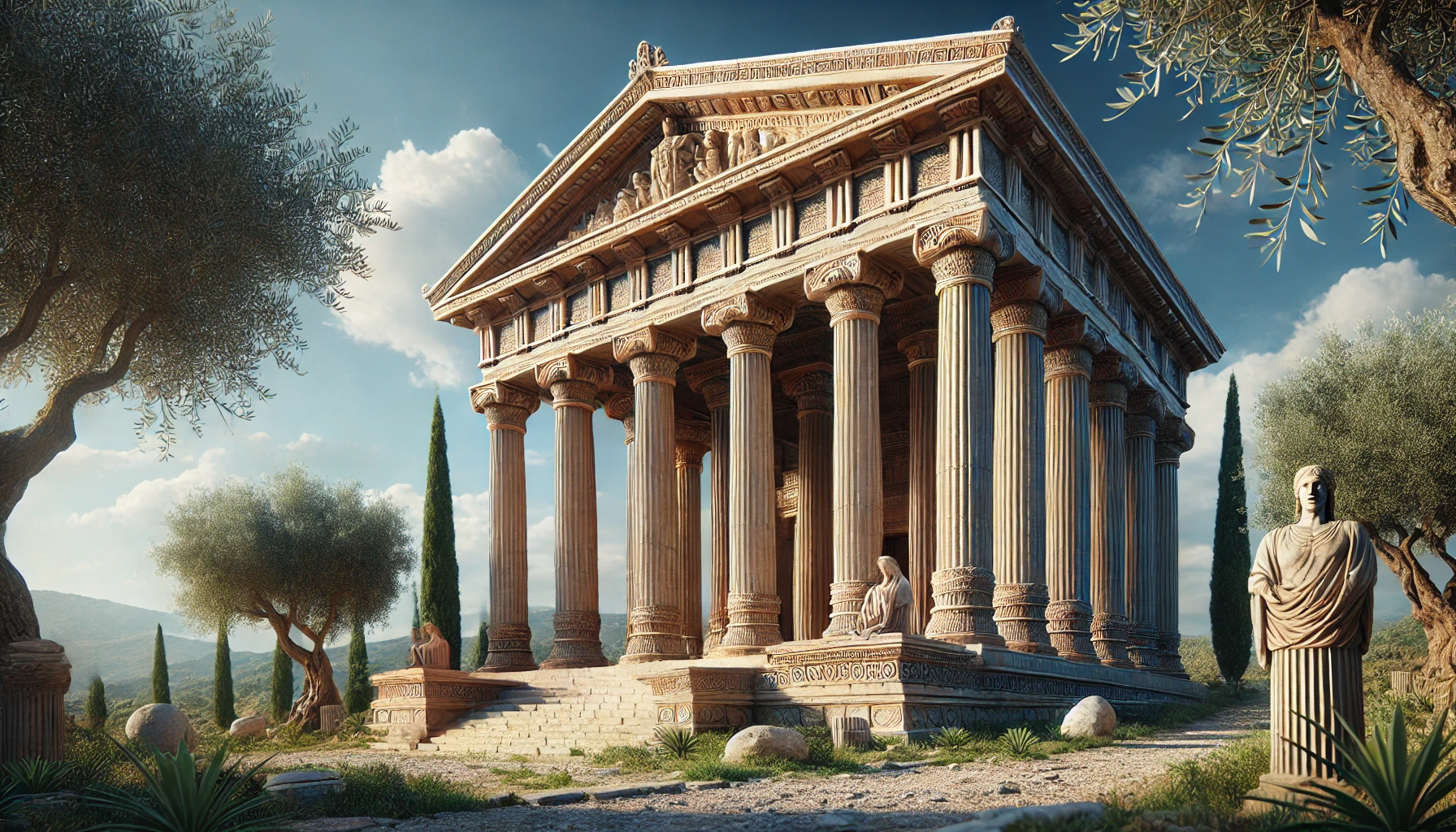 exterior view of a classic Greek hosue showcasing ancient Greek architectural elements such as tall Doric columns, and a pediment