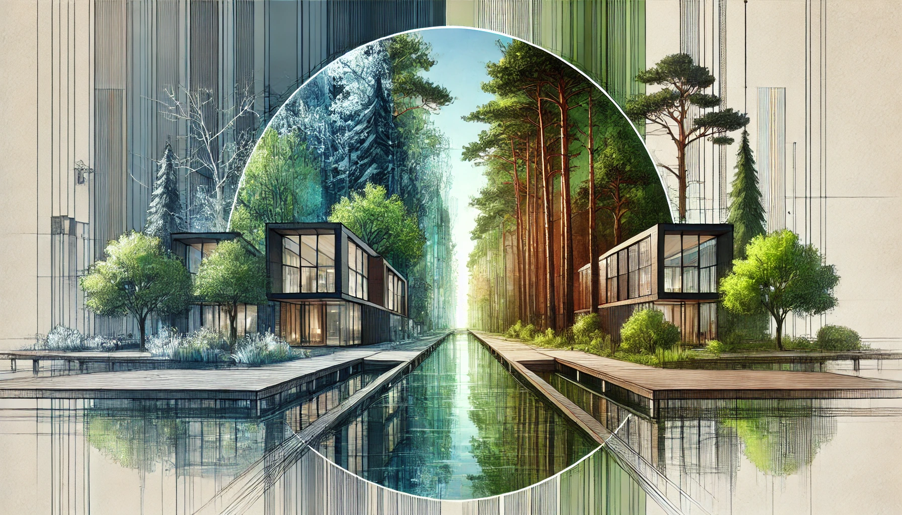 Architectural design inspired by forests, combining symmetrical structures with natural elements for balance.
