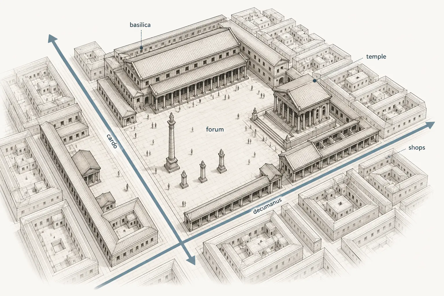 Roman forum diagram showing the cardo and decumanus converging around a central civic space with basilica, temple, and shops.